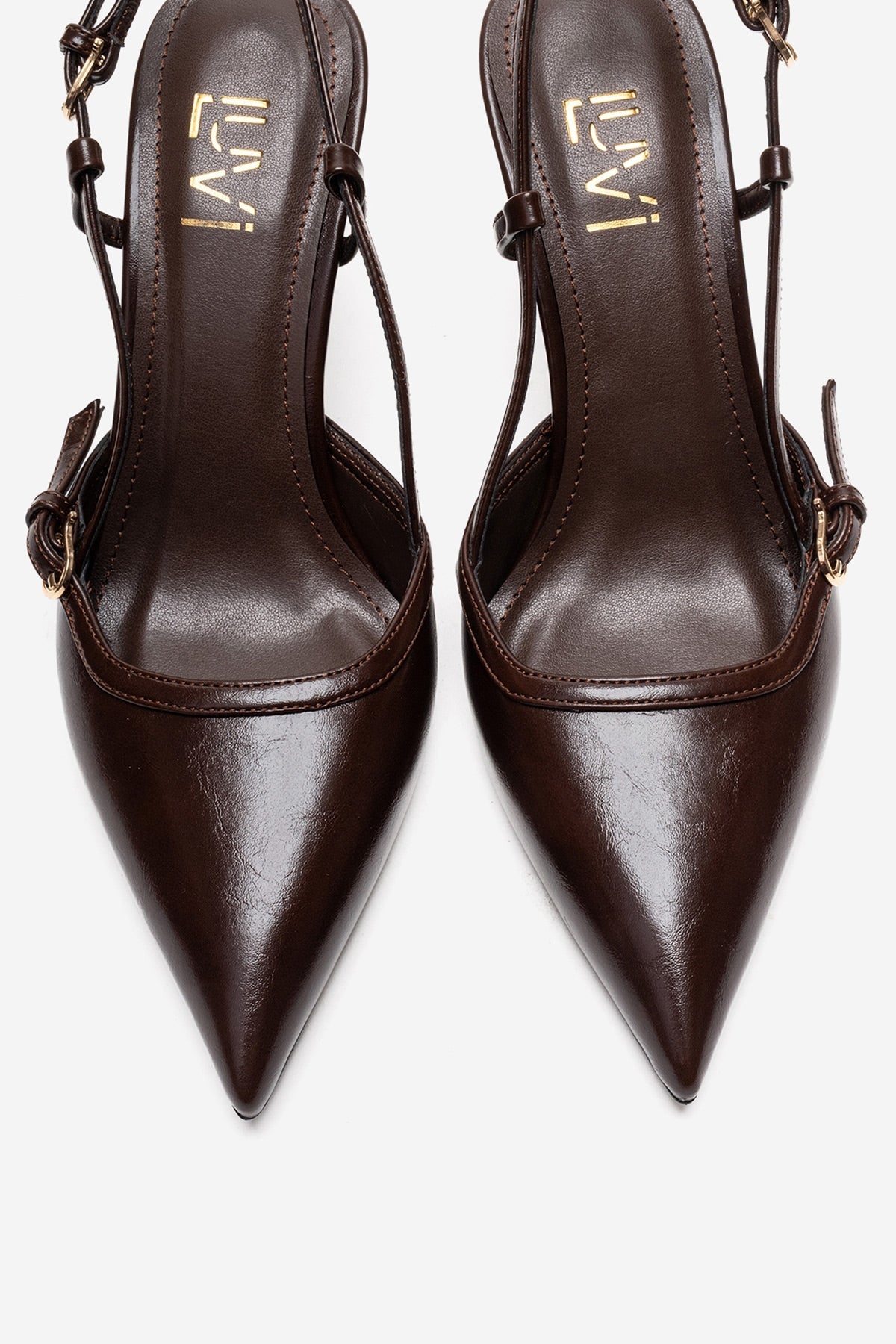 CELIA - Brown Block Heel Pointed Toe Shoe – side view showing leather, Vowalisse