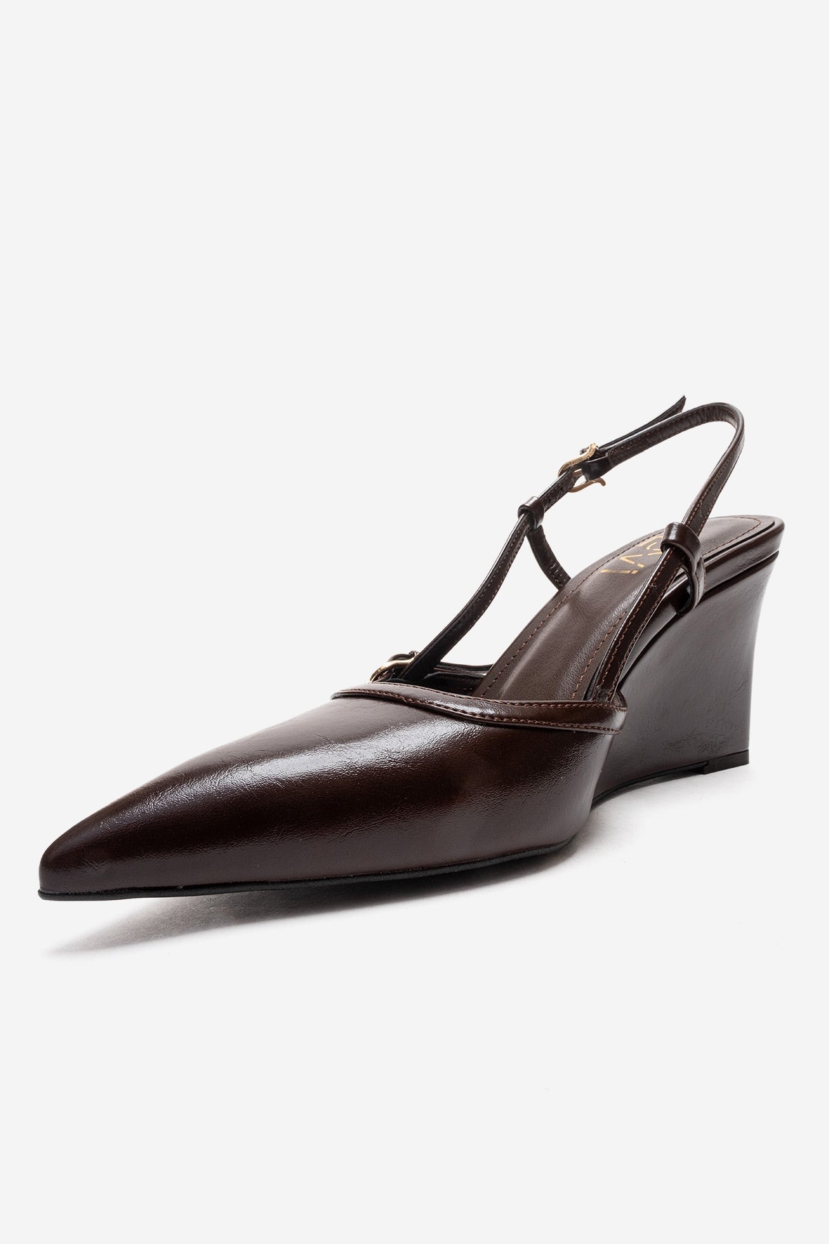 CELIA - Brown Block Heel Pointed Toe Shoe – top view showing leather, Vowalisse