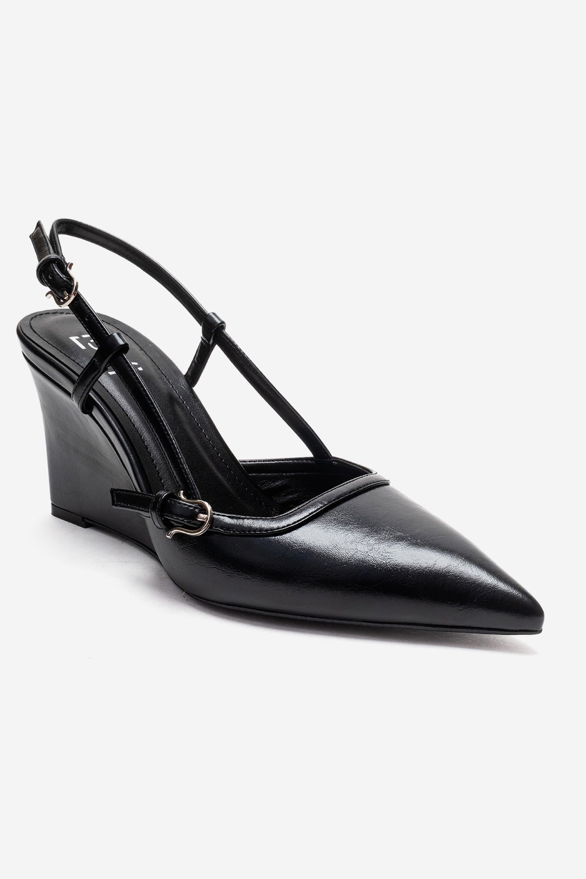 CELIA - Black Block Heel Pointed Toe Shoe – detail view showing leather, black, Vowalisse