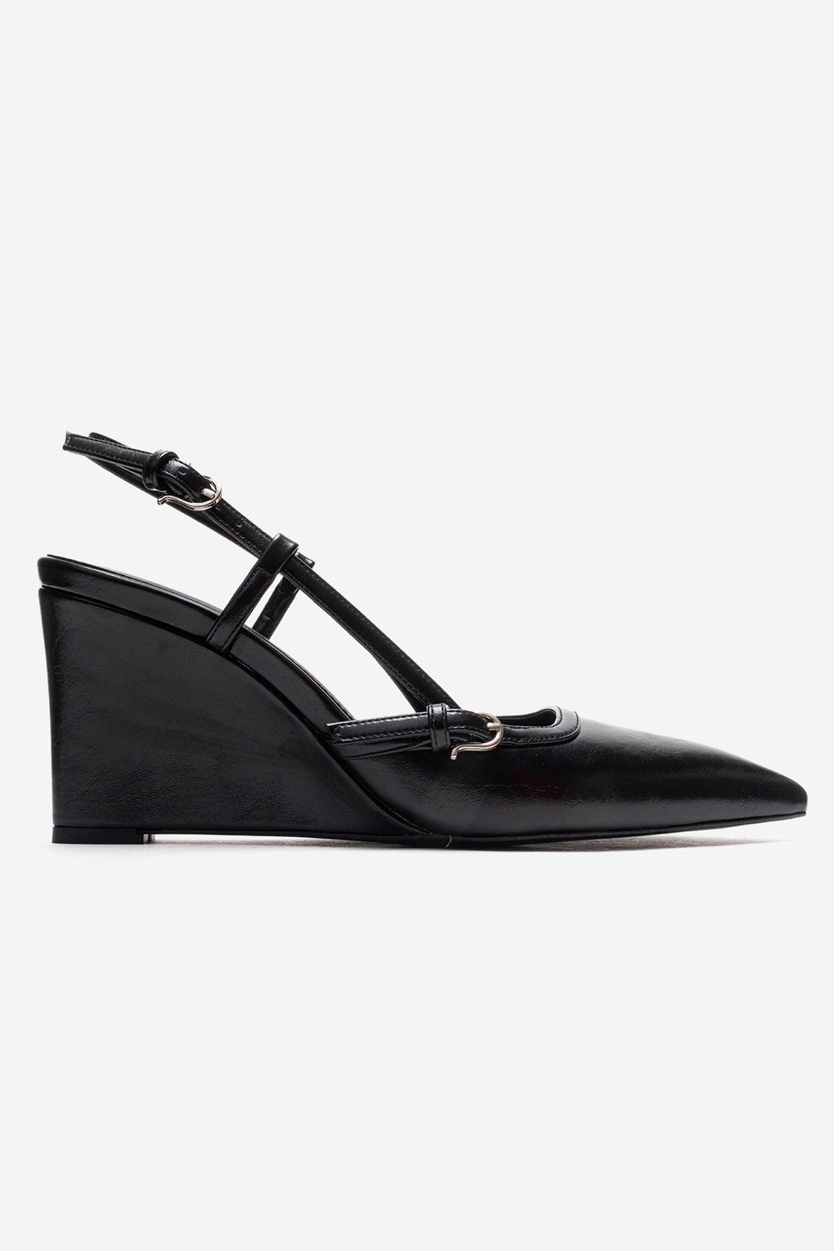 CELIA - Black Block Heel Pointed Toe Shoe – heel view showing leather, black, Vowalisse