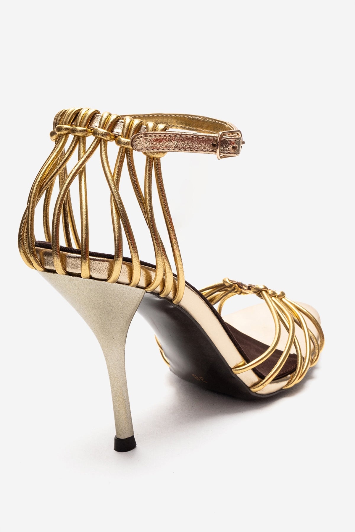 ARONA - Gold Stiletto Heel Shoe – back view showing leather, metallic, gold, Vowalisse