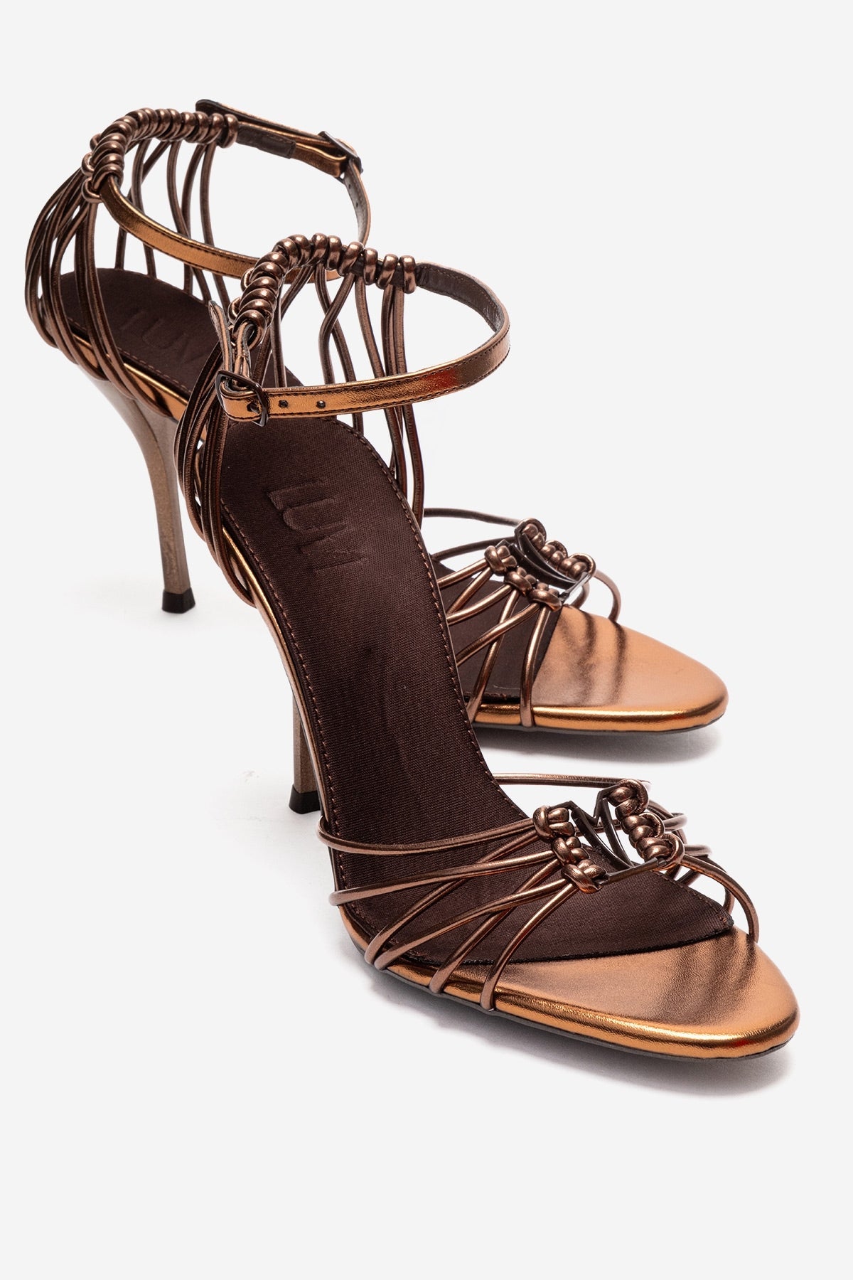 ARONA - Cognac Stiletto Heel Shoe – front three-quarter view showing leather, metallic, red, Vowalisse