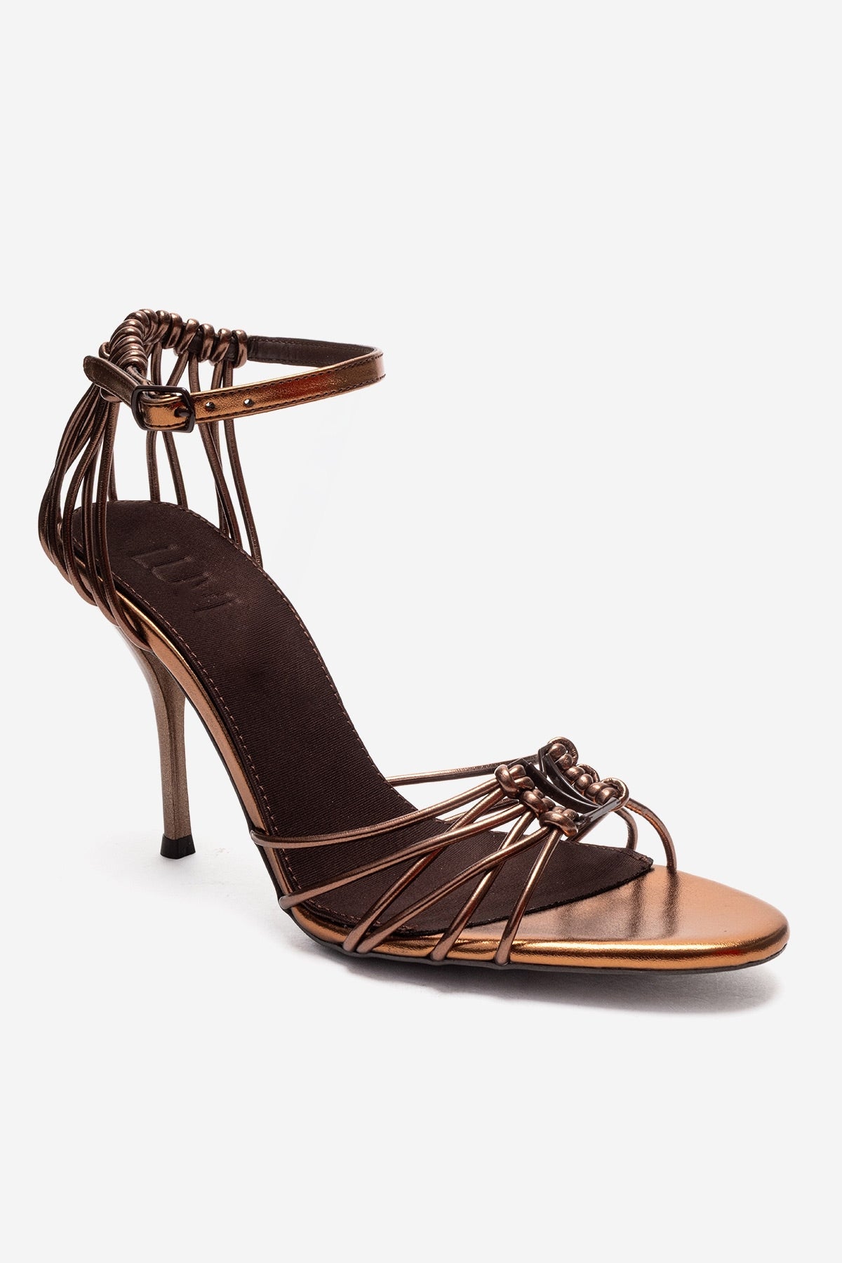 ARONA - Cognac Stiletto Heel Shoe – detail view showing leather, metallic, red, Vowalisse