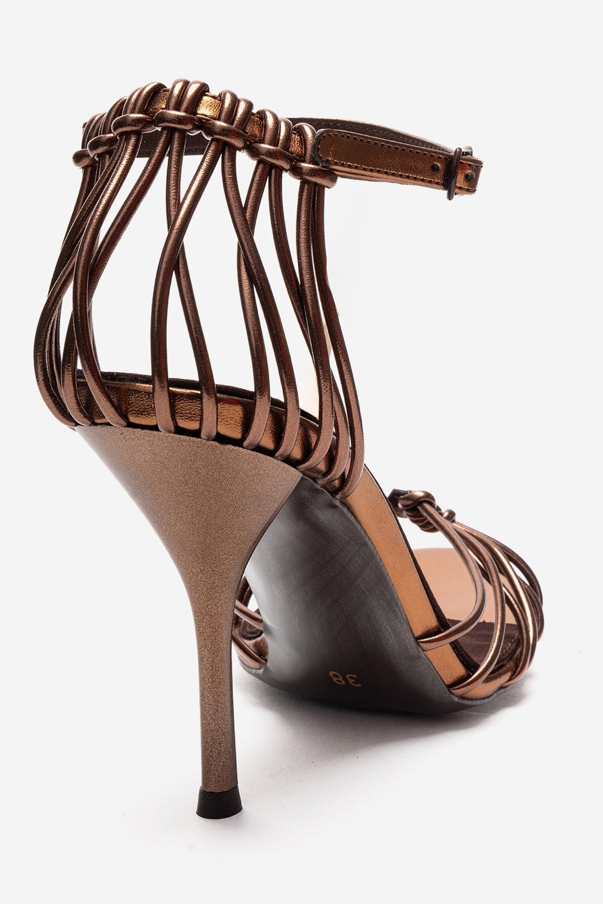 ARONA - Cognac Stiletto Heel Shoe – back view showing leather, metallic, red, Vowalisse