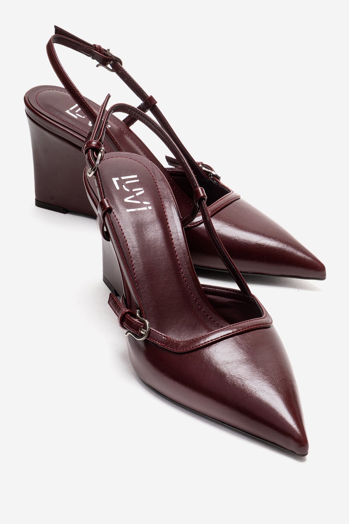 CELIA - Burgundy Genuine Leather Pointed Toe Wedge Heel Shoe – front three-quarter view showing leather, red, Vowalisse