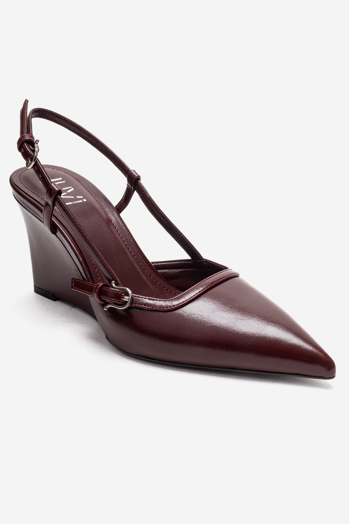 CELIA - Burgundy Genuine Leather Pointed Toe Wedge Heel Shoe – detail view showing leather, red, Vowalisse