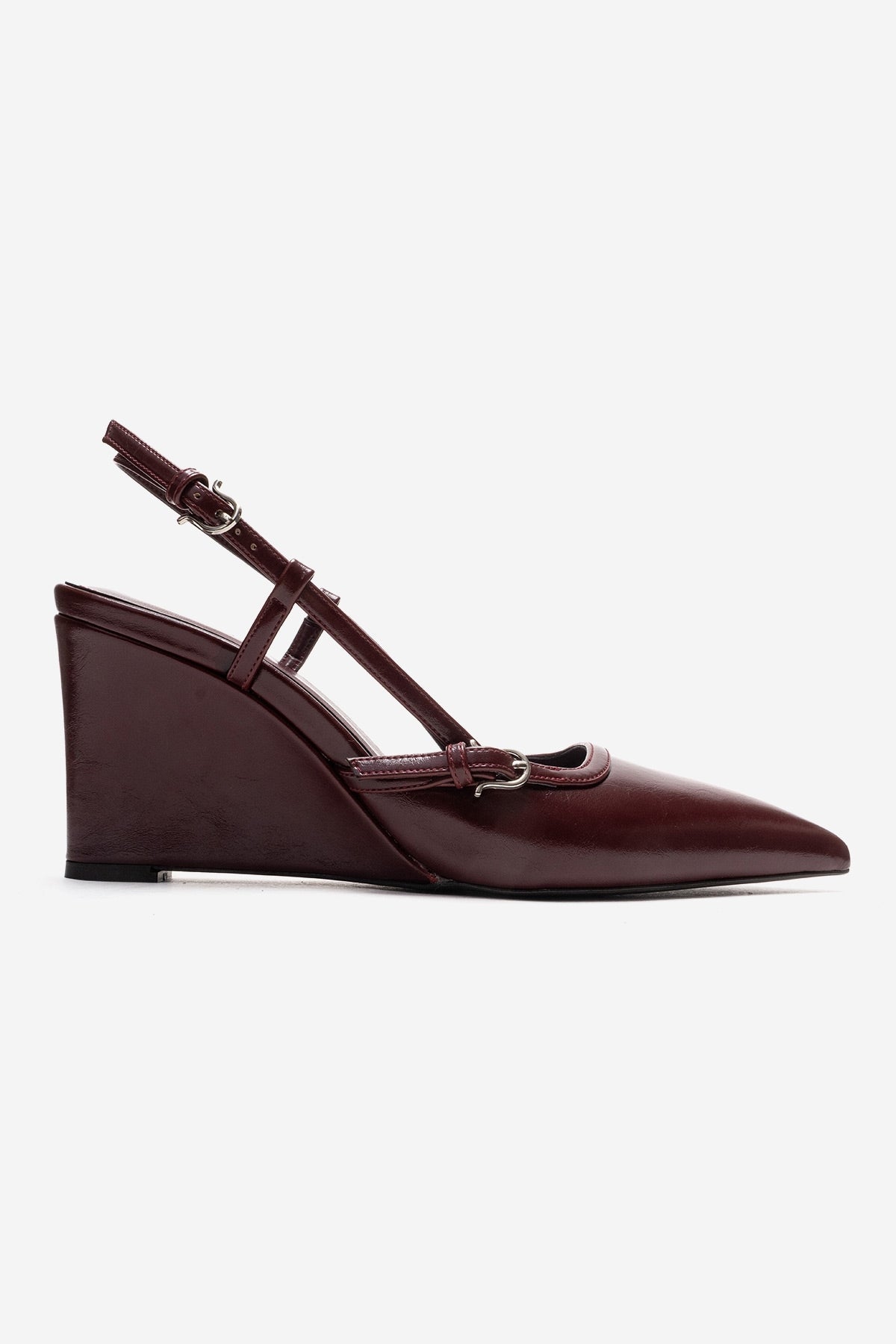 CELIA - Burgundy Genuine Leather Pointed Toe Wedge Heel Shoe – heel view showing leather, red, Vowalisse