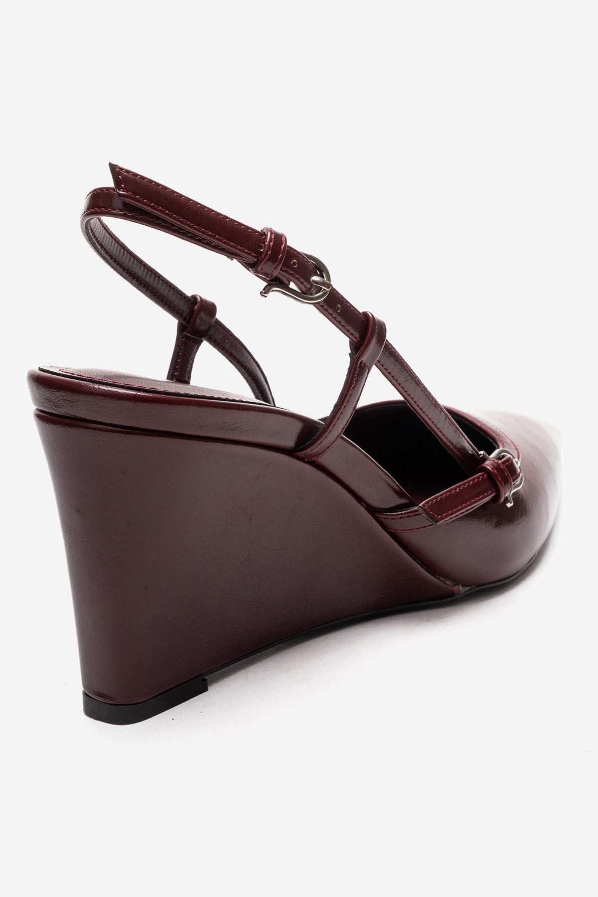 CELIA - Burgundy Genuine Leather Pointed Toe Wedge Heel Shoe – back view showing leather, red, Vowalisse