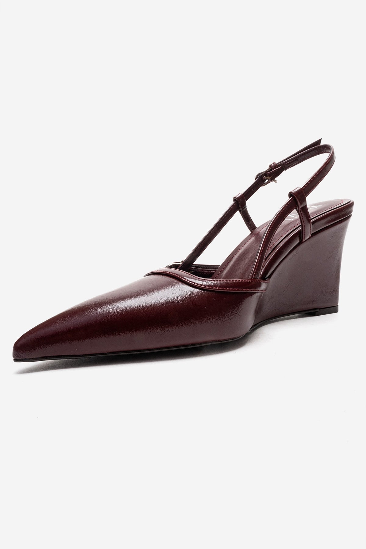 CELIA - Burgundy Genuine Leather Pointed Toe Wedge Heel Shoe – top view showing leather, red, Vowalisse