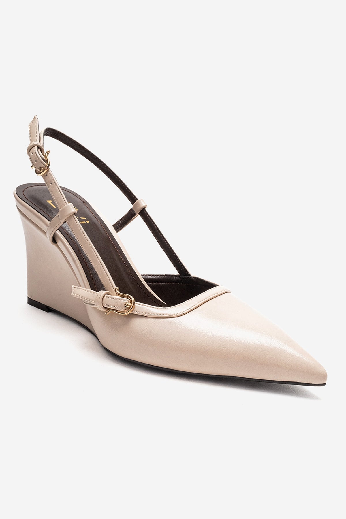 CELIA - Off-White Genuine Leather Pointed Toe Wedge Heel Shoe – detail view showing leather, white, Vowalisse