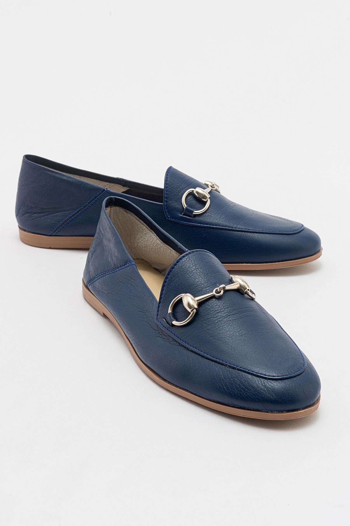 Penny - Navy Blue Leather Horsebit Loafers – front three-quarter view showing leather, suede, blue, Vowalisse