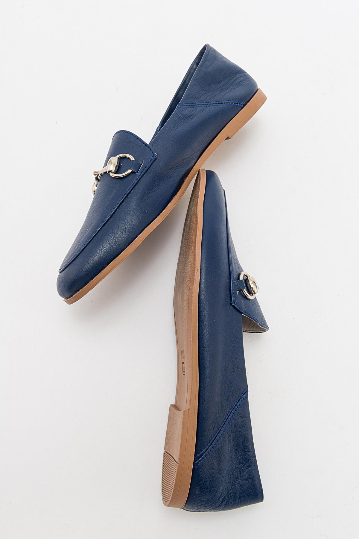 Penny - Navy Blue Leather Horsebit Loafers – detail view showing leather, suede, blue, Vowalisse