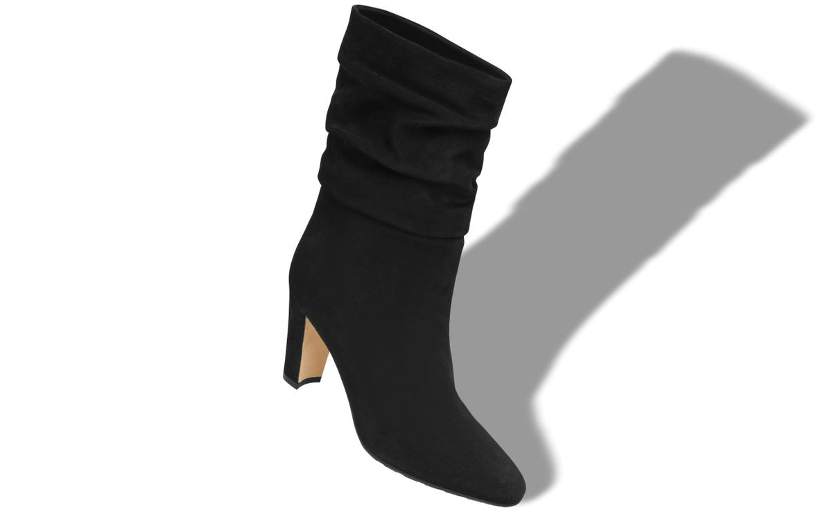 Juliette Grace Black Suede Mid-Calf Boots – front three-quarter view showing black suede, Vowalisse