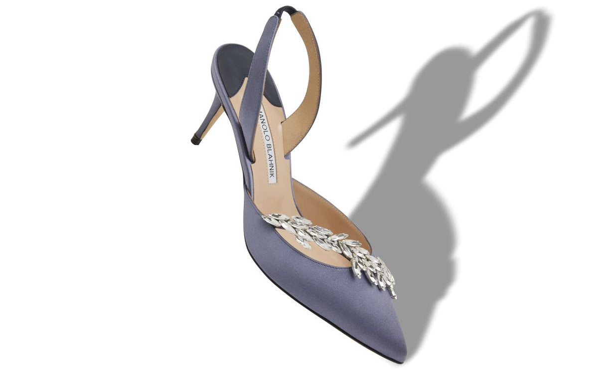 Camellia Muse Blue Jewel Buckle Slingbacks – front three-quarter view showing blue jewel buckle, slingback, pointed toe…