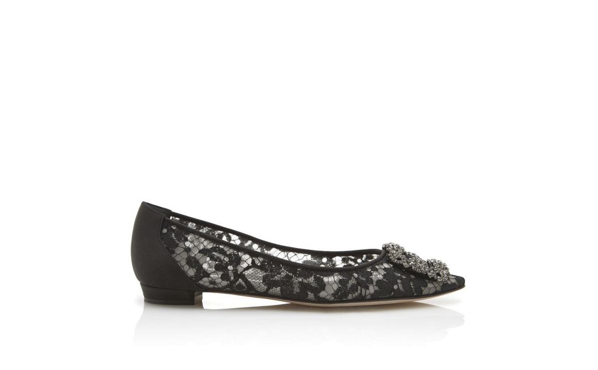 Lucienne Élan Black Jewel Buckle Pumps – side profile showing black jewel buckle, crystal buckle, almond toe, satin…