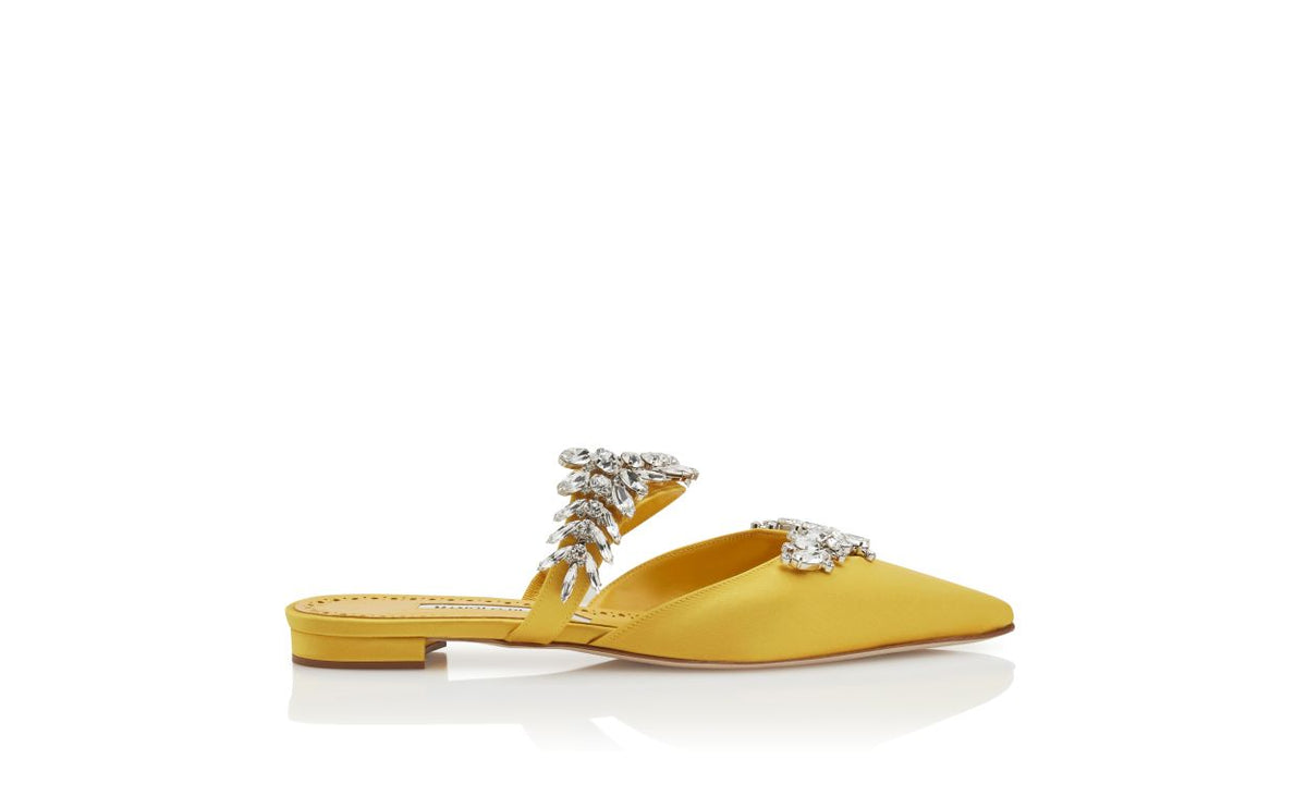 Fiorella Grace Yellow Crystal Embellished Mules – side profile showing yellow crystal embellished, satin, Vowalisse