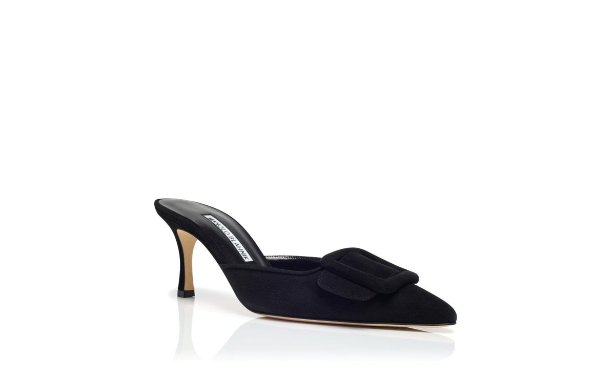 Arabella Dawn Black Pointed Toe Mules – top view showing black pointed toe, suede, Vowalisse