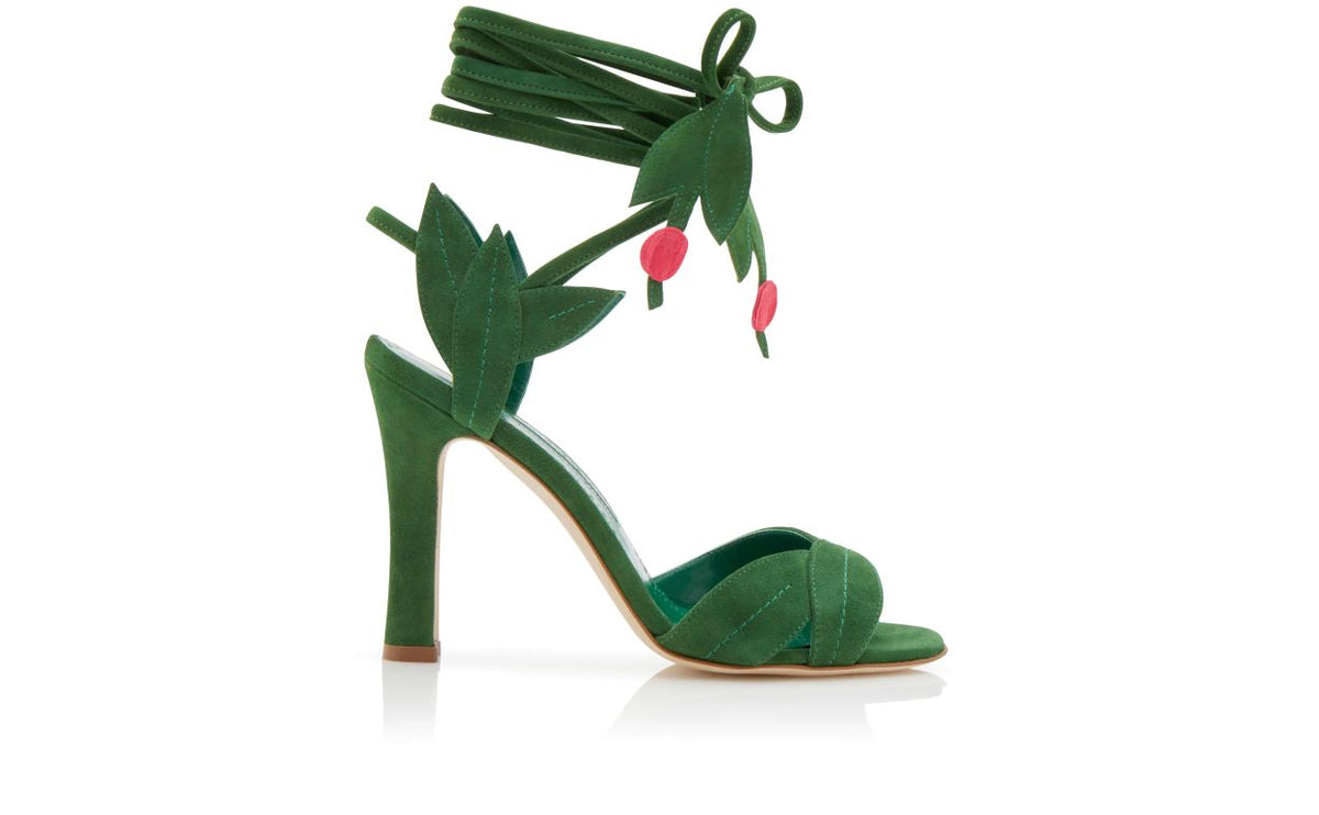 Isadora Halo Green Open Toe Ankle-Strap Shoes – side profile showing green open toe, suede, lace, Vowalisse
