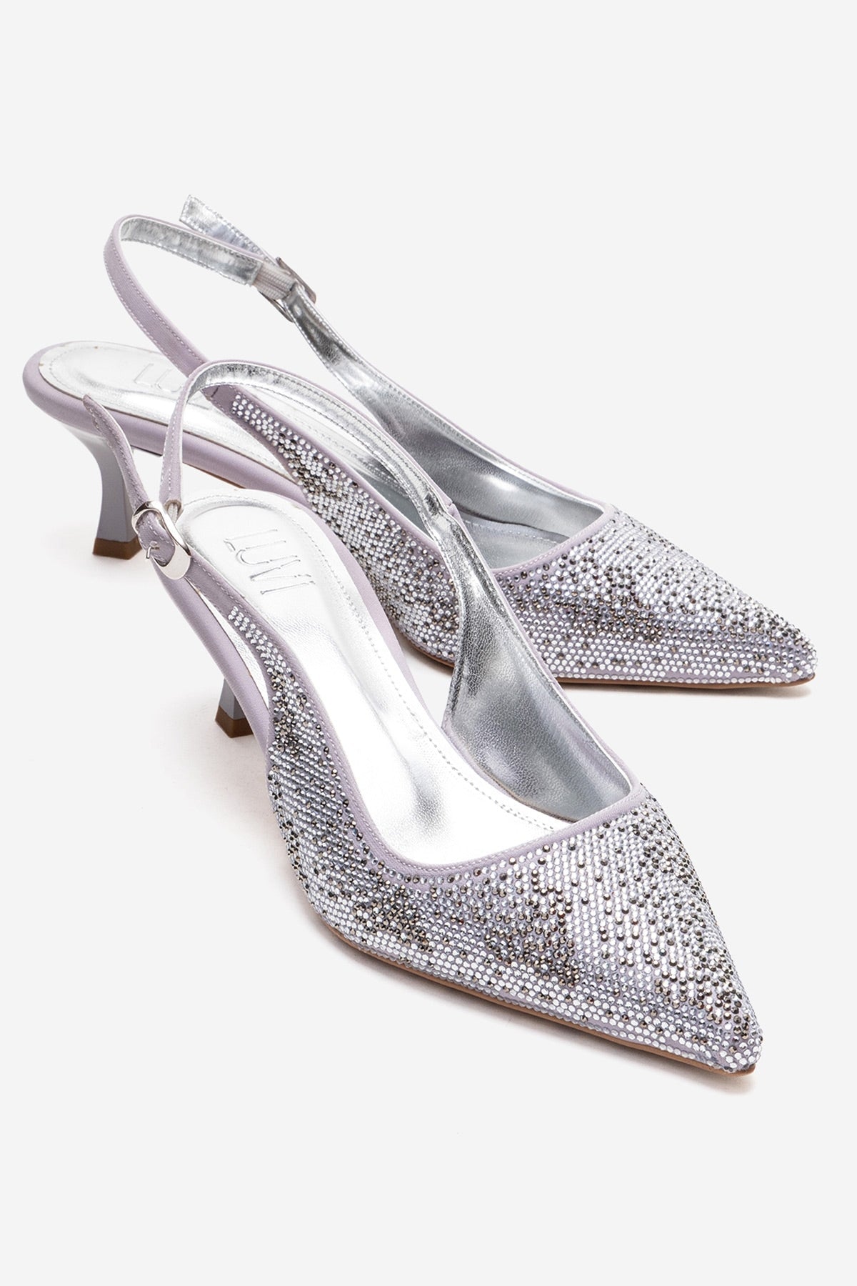 NELLA - Silver Jeweled Slingback Stiletto Pump – front three-quarter view showing leather, silver, Vowalisse