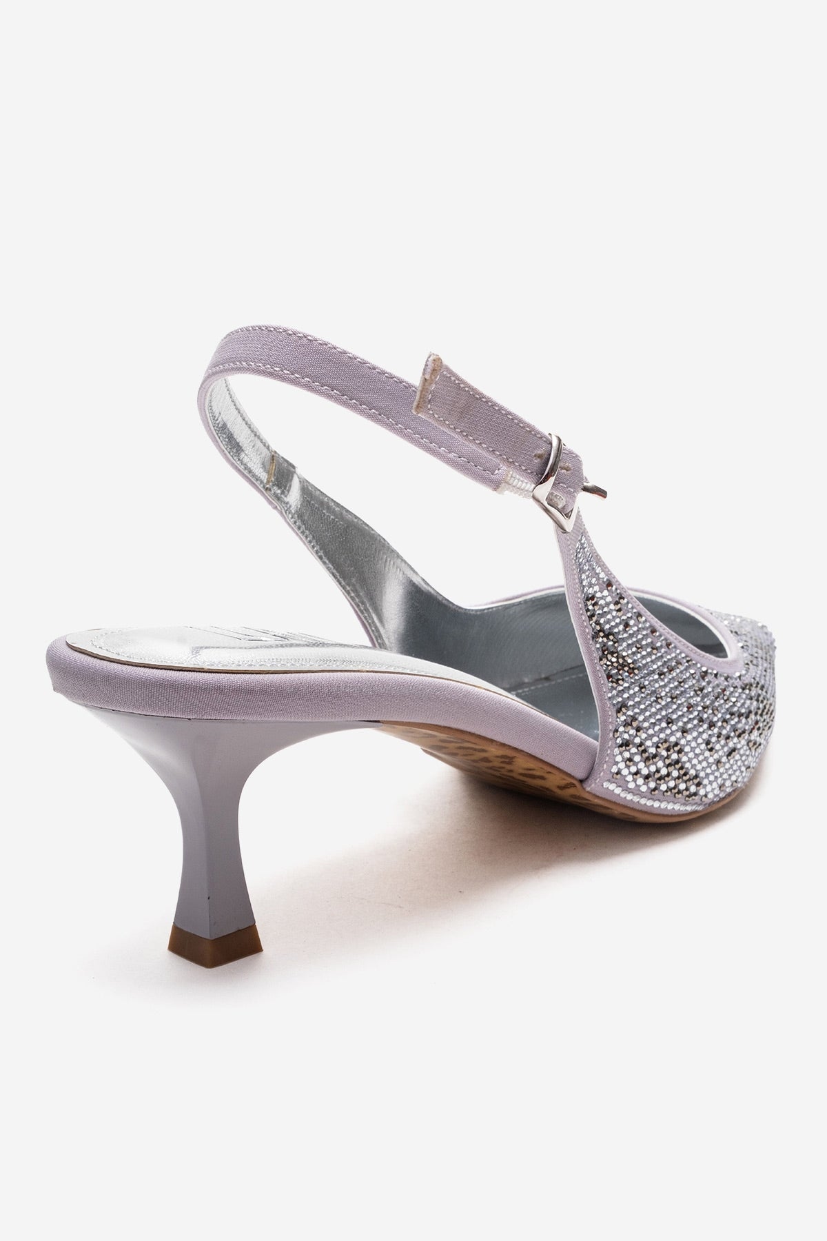 NELLA - Silver Jeweled Slingback Stiletto Pump – back view showing leather, silver, Vowalisse