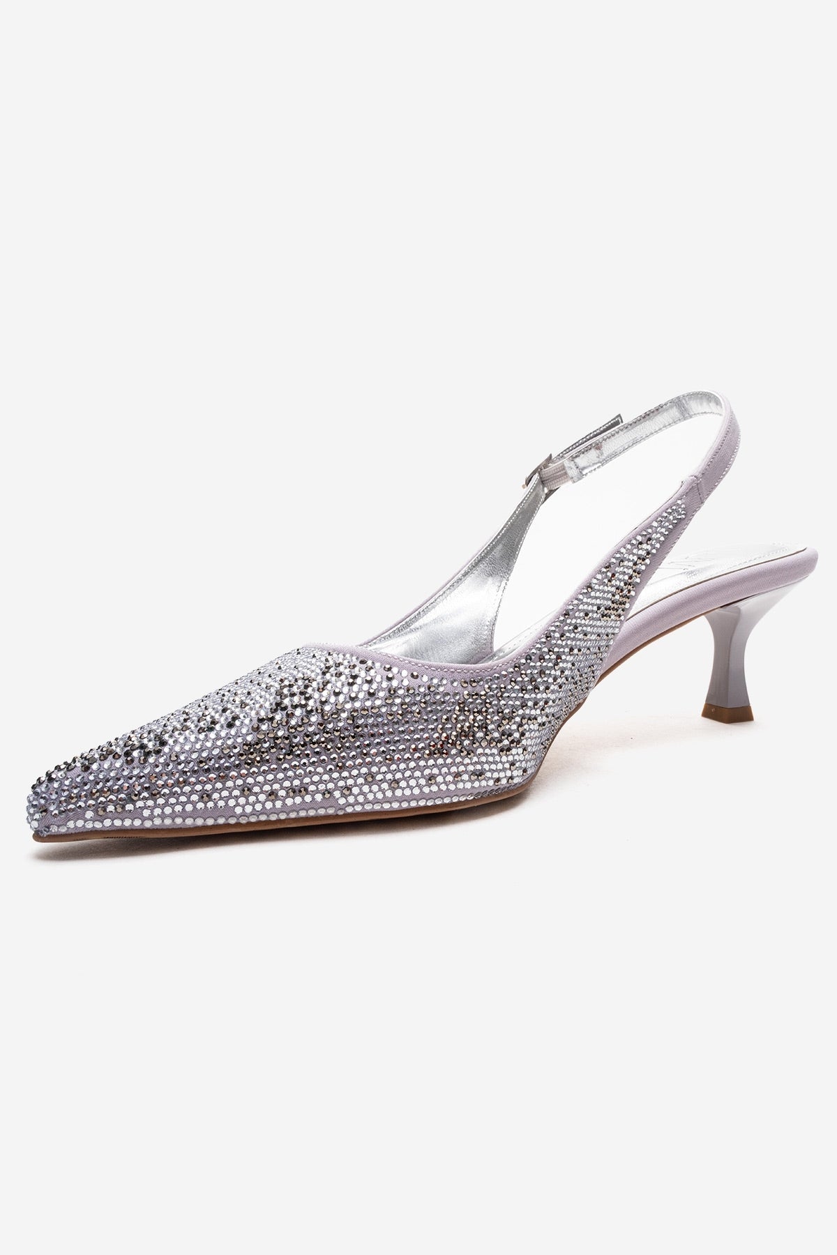 NELLA - Silver Jeweled Slingback Stiletto Pump – top view showing leather, silver, Vowalisse