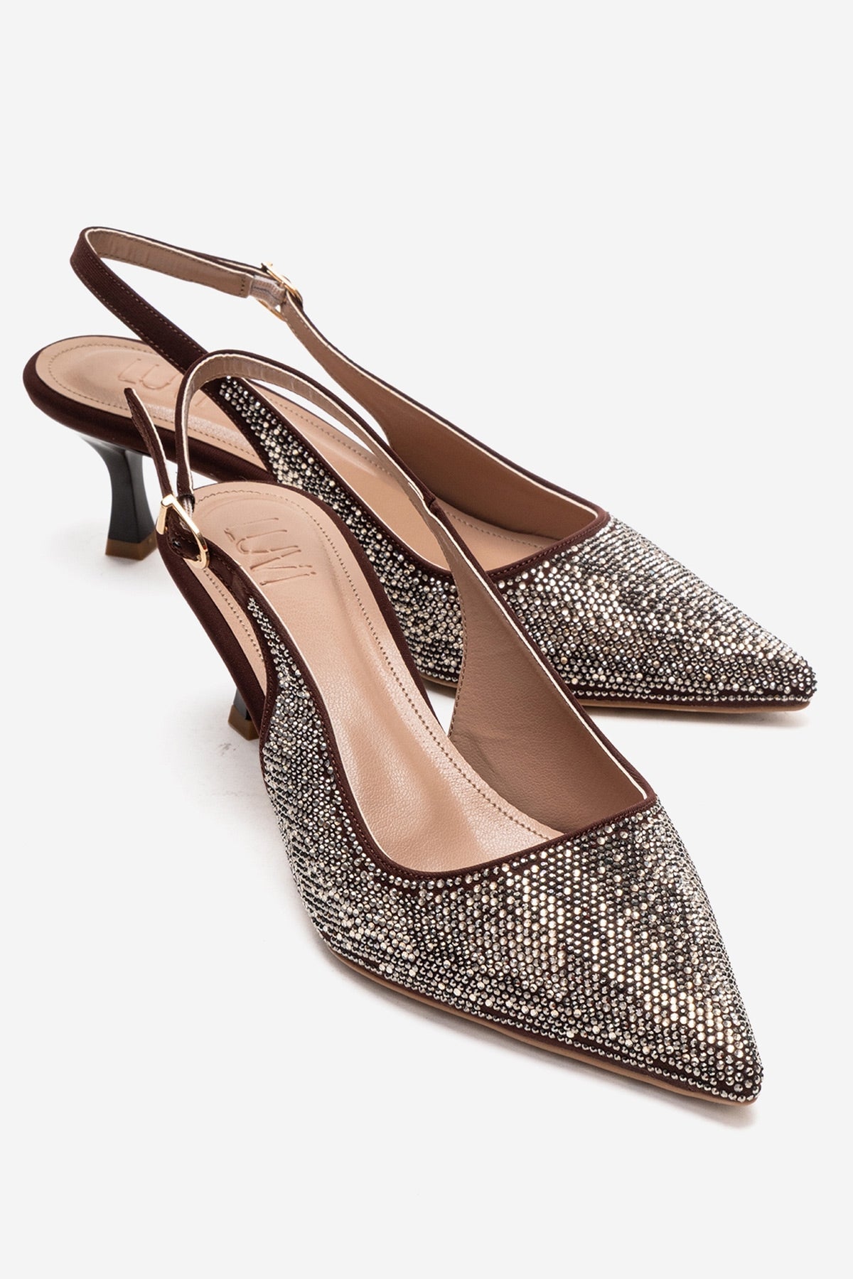 NELLA - Brown Gold Jeweled Slingback Stiletto Pump – front three-quarter view showing leather, gold, Vowalisse
