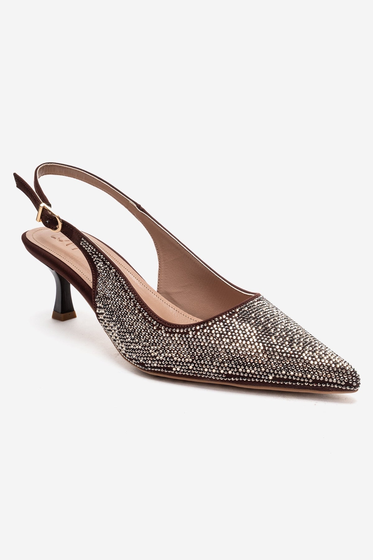 NELLA - Brown Gold Jeweled Slingback Stiletto Pump – detail view showing leather, gold, Vowalisse