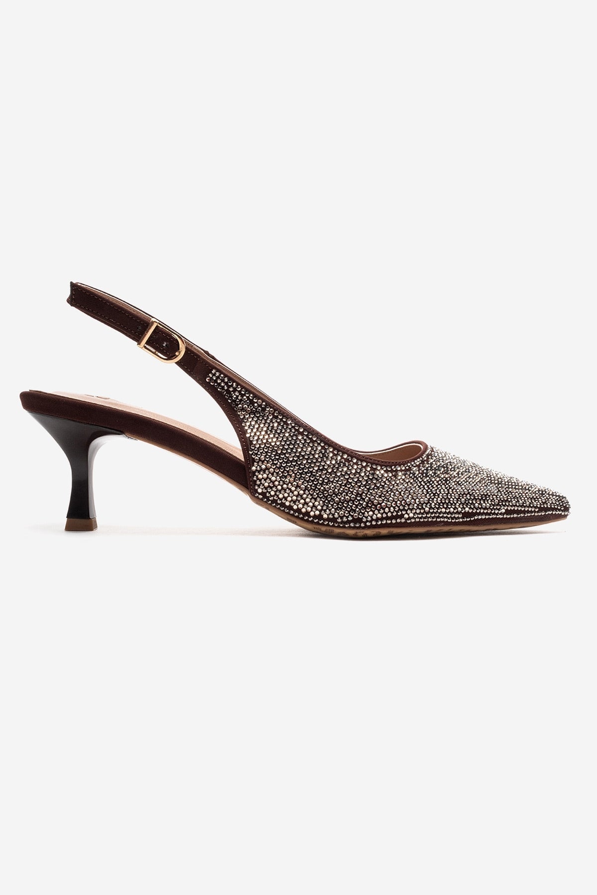 NELLA - Brown Gold Jeweled Slingback Stiletto Pump – heel view showing leather, gold, Vowalisse