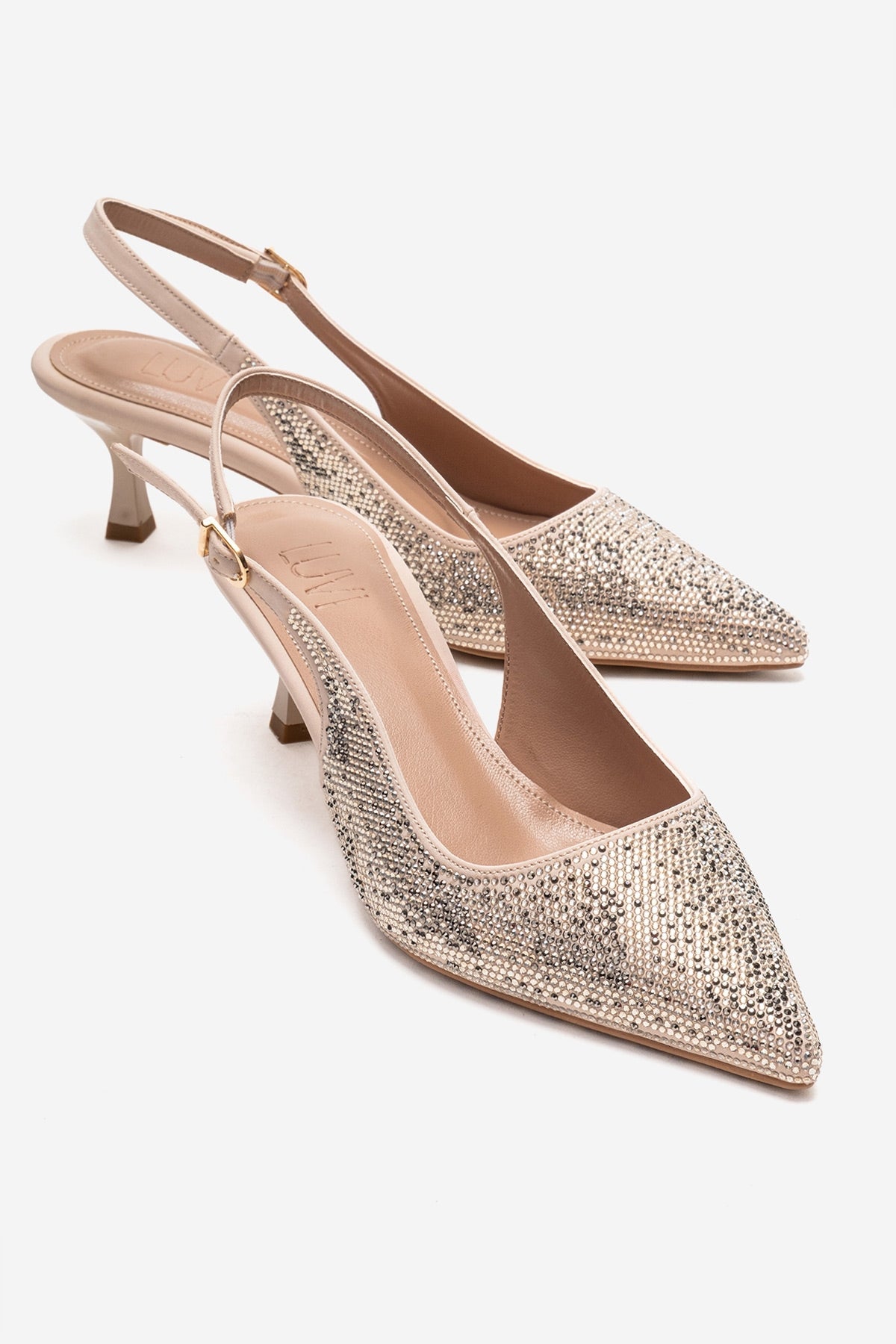 NELLA - Nude Gold Jeweled Slingback Stiletto Pump – front three-quarter view showing leather, gold, nude, Vowalisse