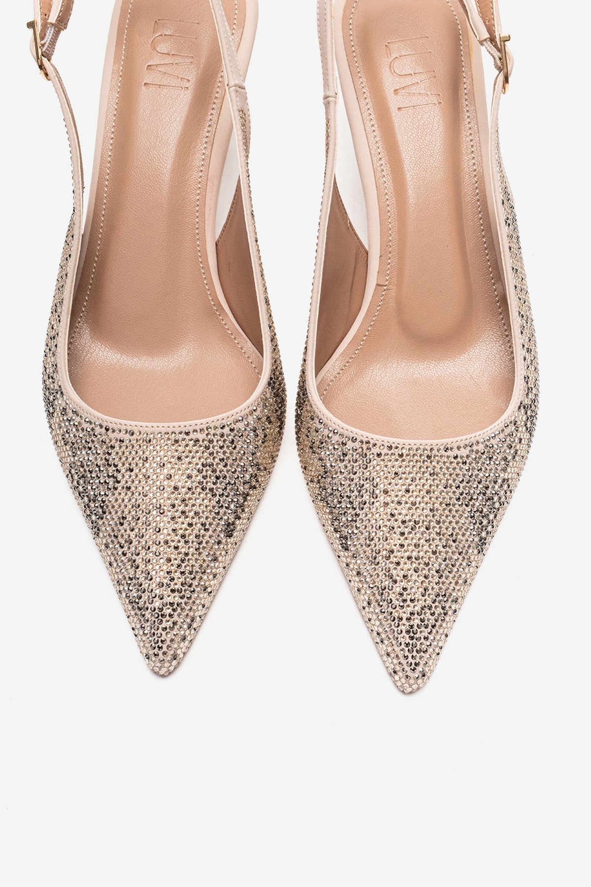 NELLA - Nude Gold Jeweled Slingback Stiletto Pump – side view showing leather, gold, nude, Vowalisse