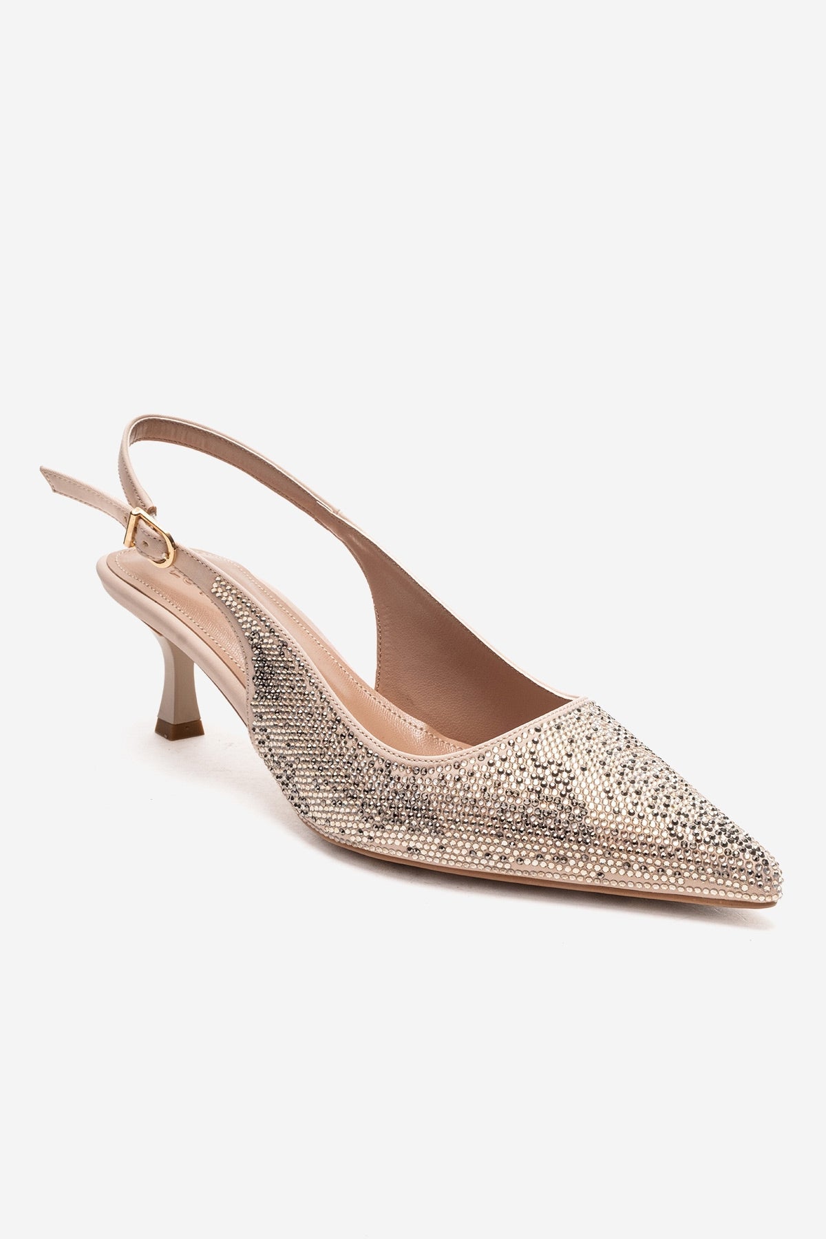 NELLA - Nude Gold Jeweled Slingback Stiletto Pump – detail view showing leather, gold, nude, Vowalisse