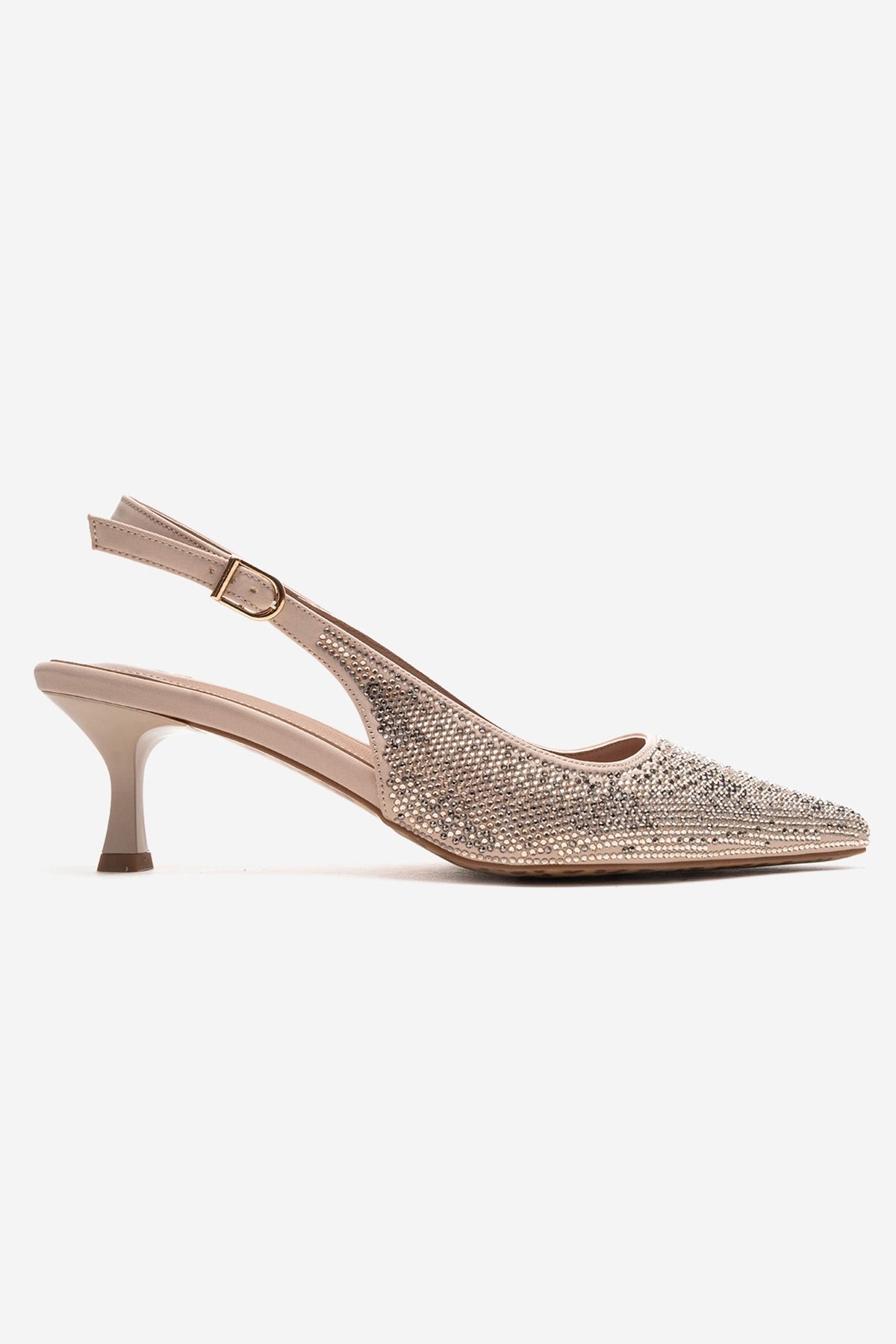 NELLA - Nude Gold Jeweled Slingback Stiletto Pump – heel view showing leather, gold, nude, Vowalisse