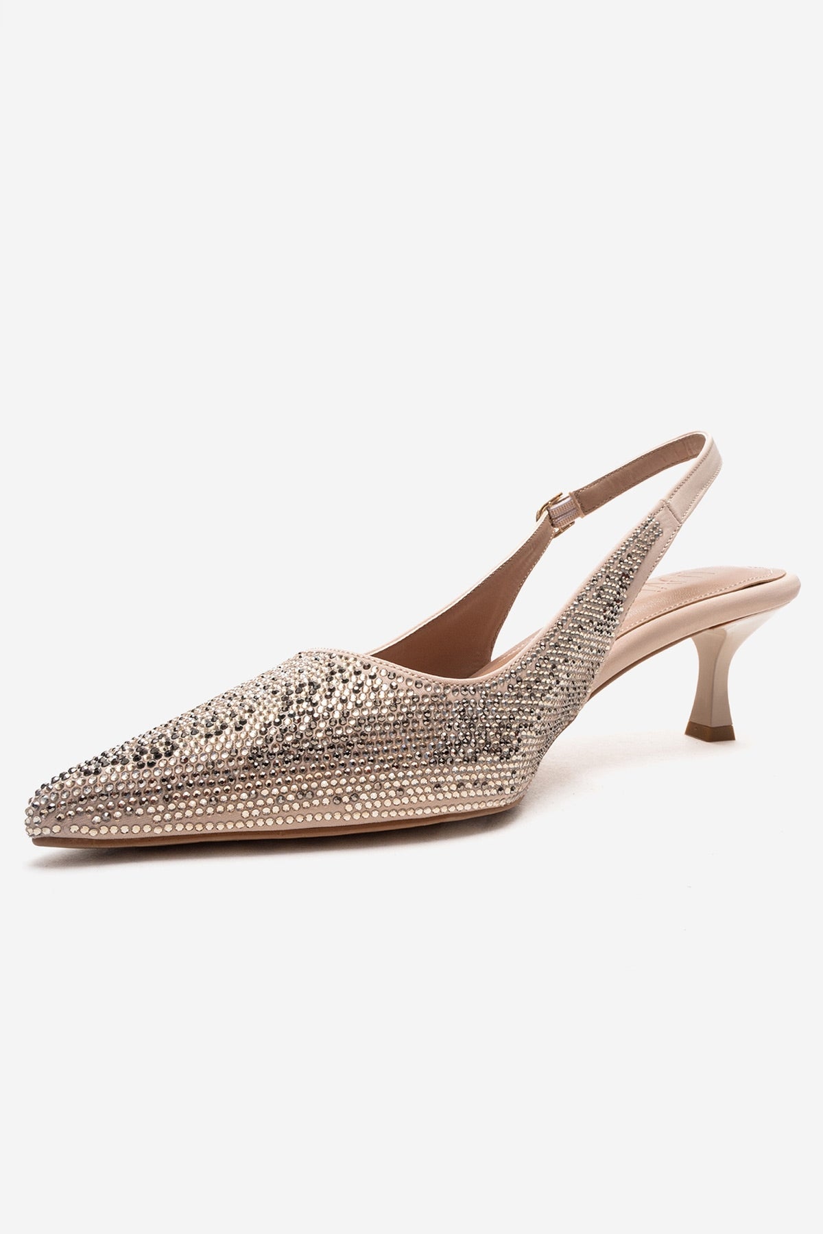 NELLA - Nude Gold Jeweled Slingback Stiletto Pump – top view showing leather, gold, nude, Vowalisse