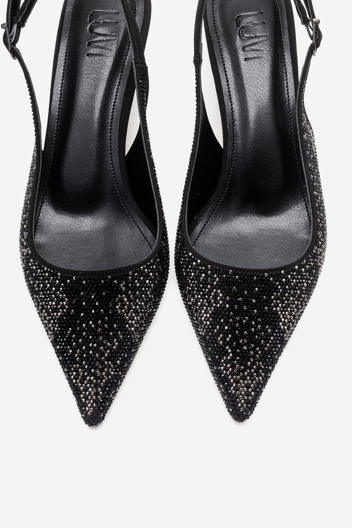 NELLA - Black Platinum Jeweled Slingback Stiletto Pump – side view showing crystal, leather, black, Vowalisse