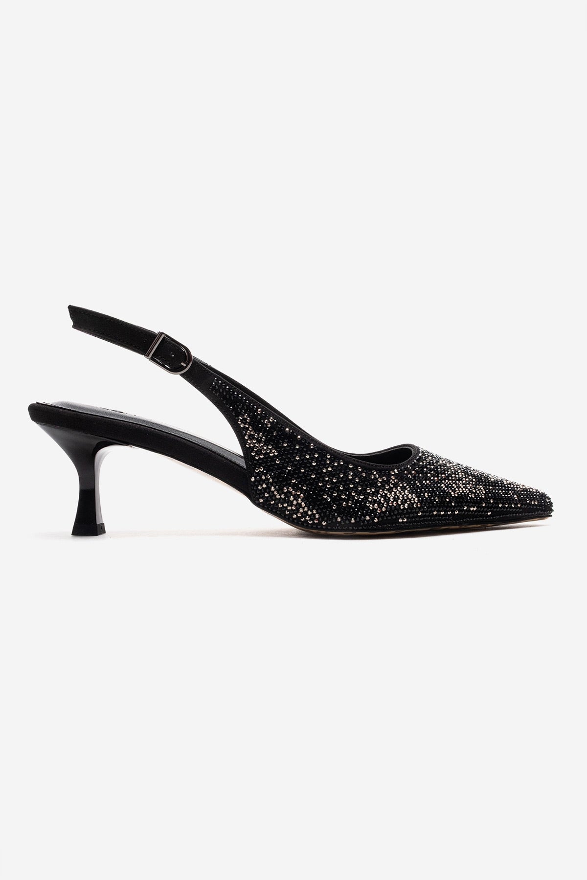 NELLA - Black Platinum Jeweled Slingback Stiletto Pump – heel view showing crystal, leather, black, Vowalisse
