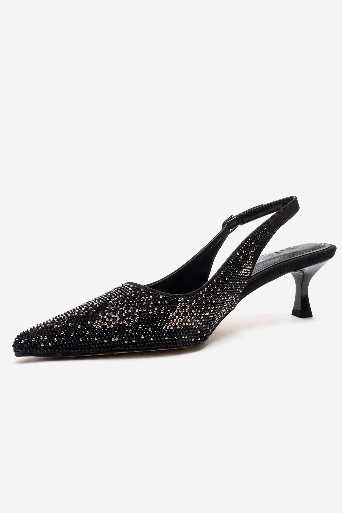 NELLA - Black Platinum Jeweled Slingback Stiletto Pump – top view showing crystal, leather, black, Vowalisse