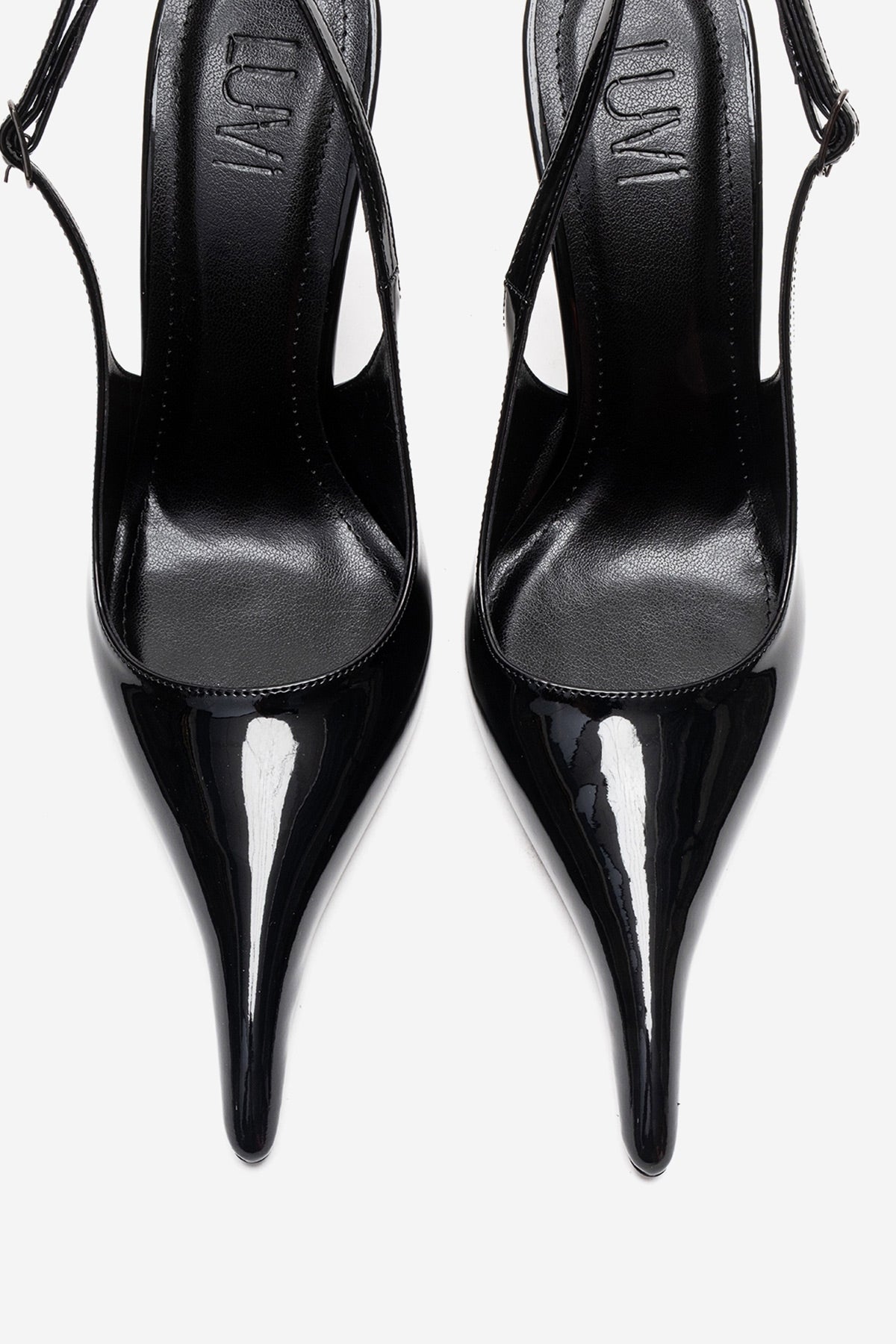 CANDY - Black Pointed Toe Slingback Stiletto Pump – side view showing leather, black, Vowalisse