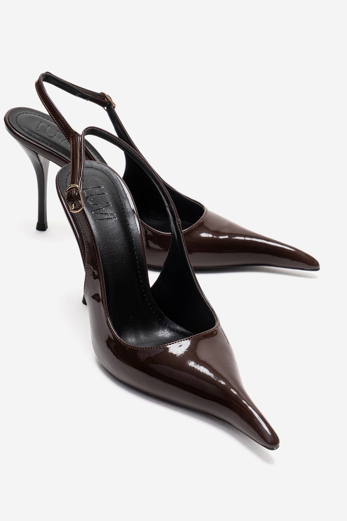 CANDY - Brown Genuine Leather Patent Pointed-Toe Stiletto Pump – front three-quarter view showing leather, Vowalisse