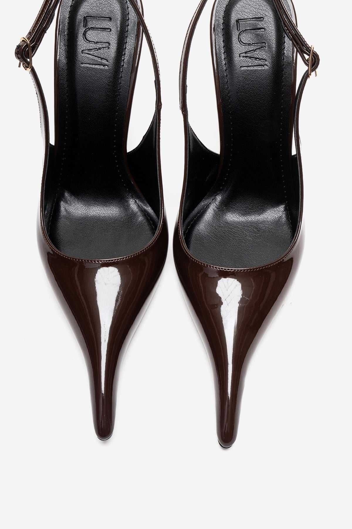 CANDY - Brown Genuine Leather Patent Pointed-Toe Stiletto Pump – side view showing leather, Vowalisse