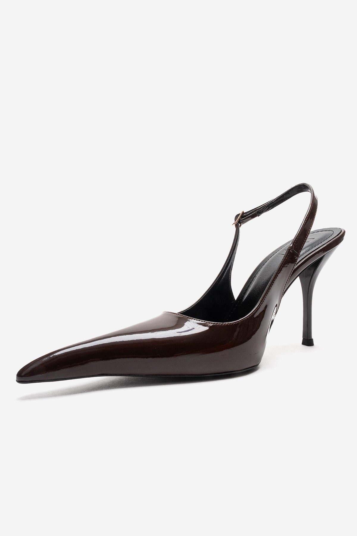 CANDY - Brown Genuine Leather Patent Pointed-Toe Stiletto Pump – top view showing leather, Vowalisse