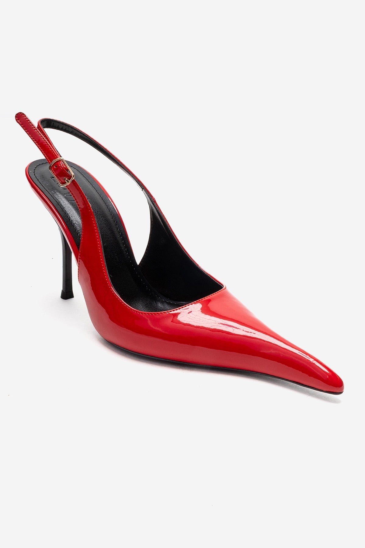 CANDY - Red Genuine Leather Patent Pointed-Toe Stiletto Pump – detail view showing leather, red, Vowalisse