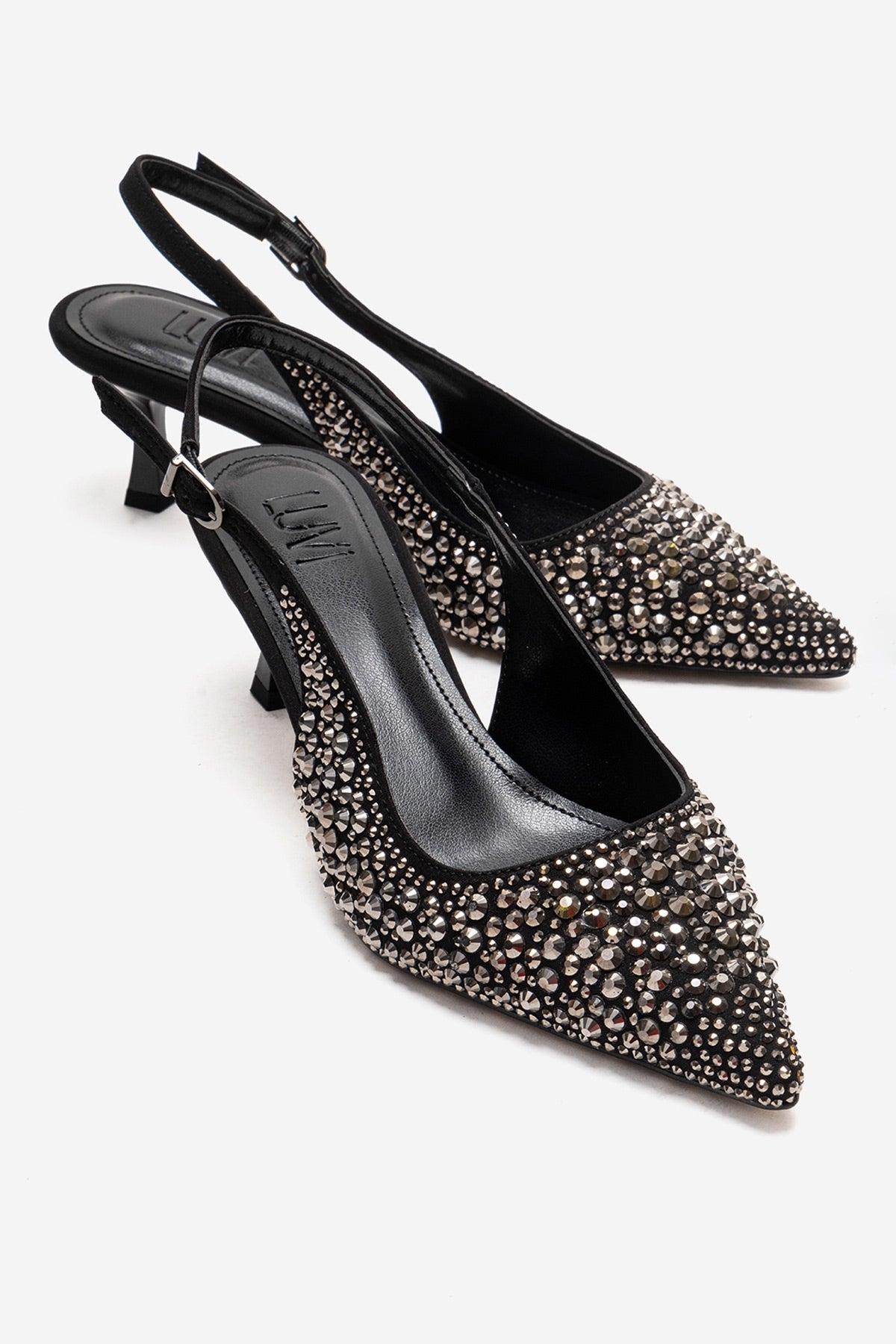 THEA - Black Genuine Leather Platinum-Crystal-Embellished Kitten Heel – front three-quarter view showing crystal, leather…