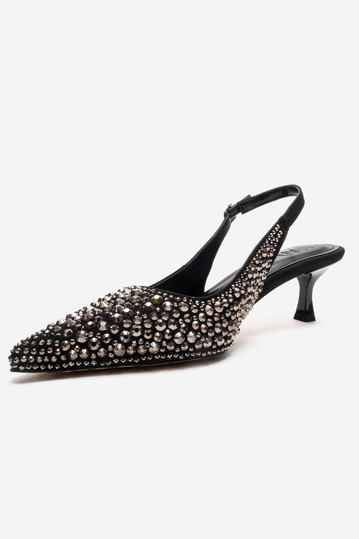 THEA - Black Genuine Leather Platinum-Crystal-Embellished Kitten Heel – top view showing crystal, leather, black, Vowalisse