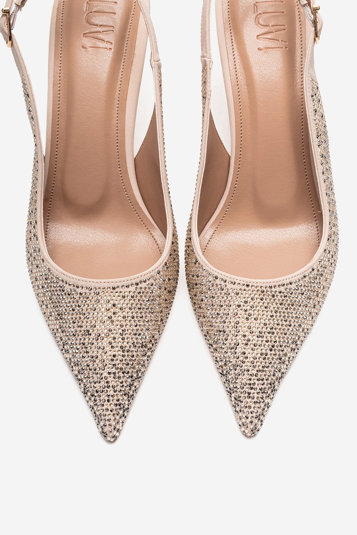 JOHANNA - Nude Genuine Leather Gold-Crystal-Embellished Stiletto Pump – side view showing crystal, leather, gold, Vowalisse