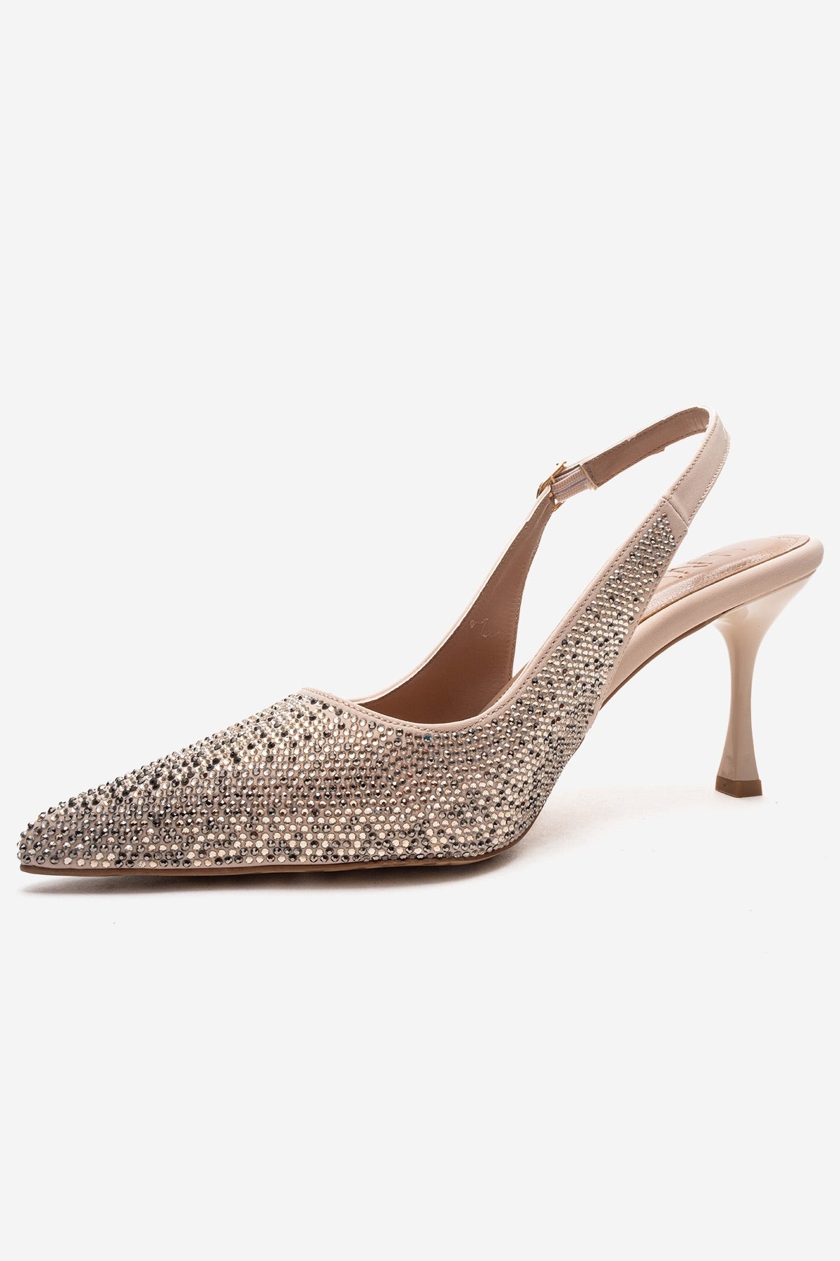 JOHANNA - Nude Genuine Leather Gold-Crystal-Embellished Stiletto Pump – top view showing crystal, leather, gold, Vowalisse