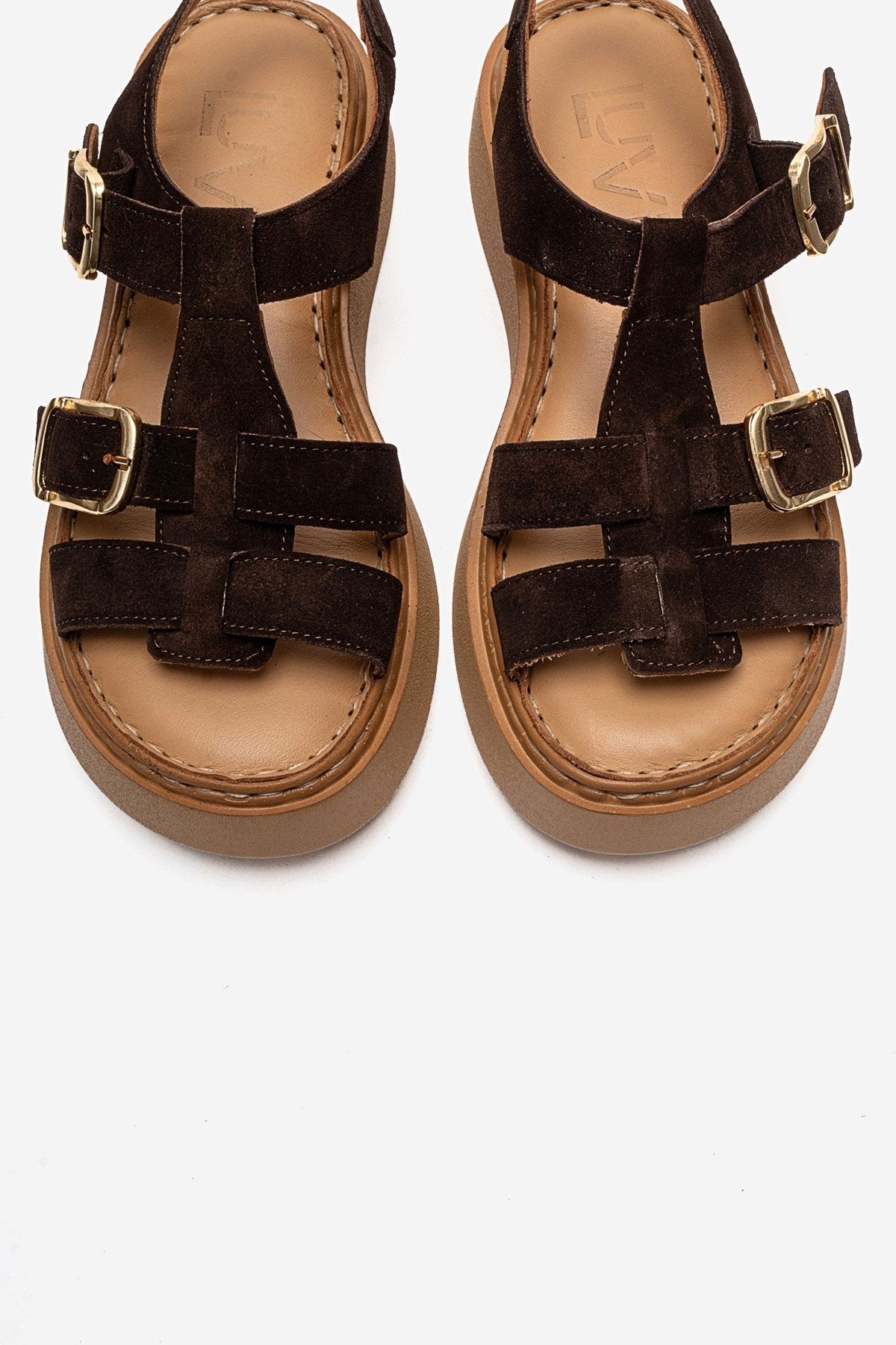 LOIN - Brown Genuine Suede Leather Buckled Sandal – side view showing leather, suede, Vowalisse