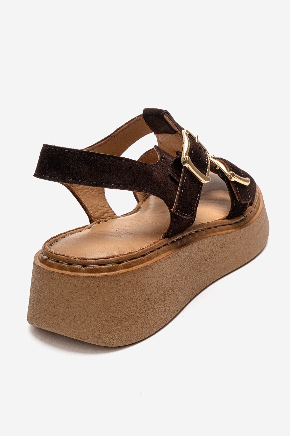 LOIN - Brown Genuine Suede Leather Buckled Sandal – back view showing leather, suede, Vowalisse