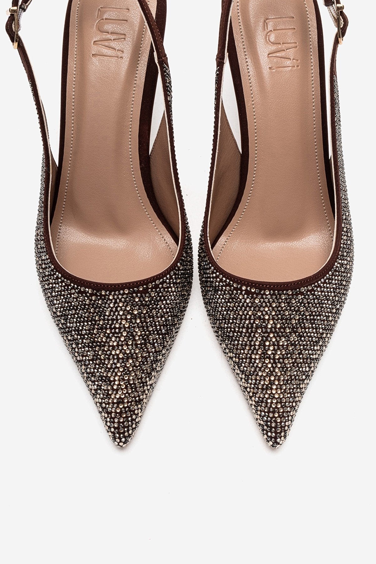 JOHANNA - Brown Gold-Embellished Slingback Stiletto Pump – side view showing leather, gold, Vowalisse