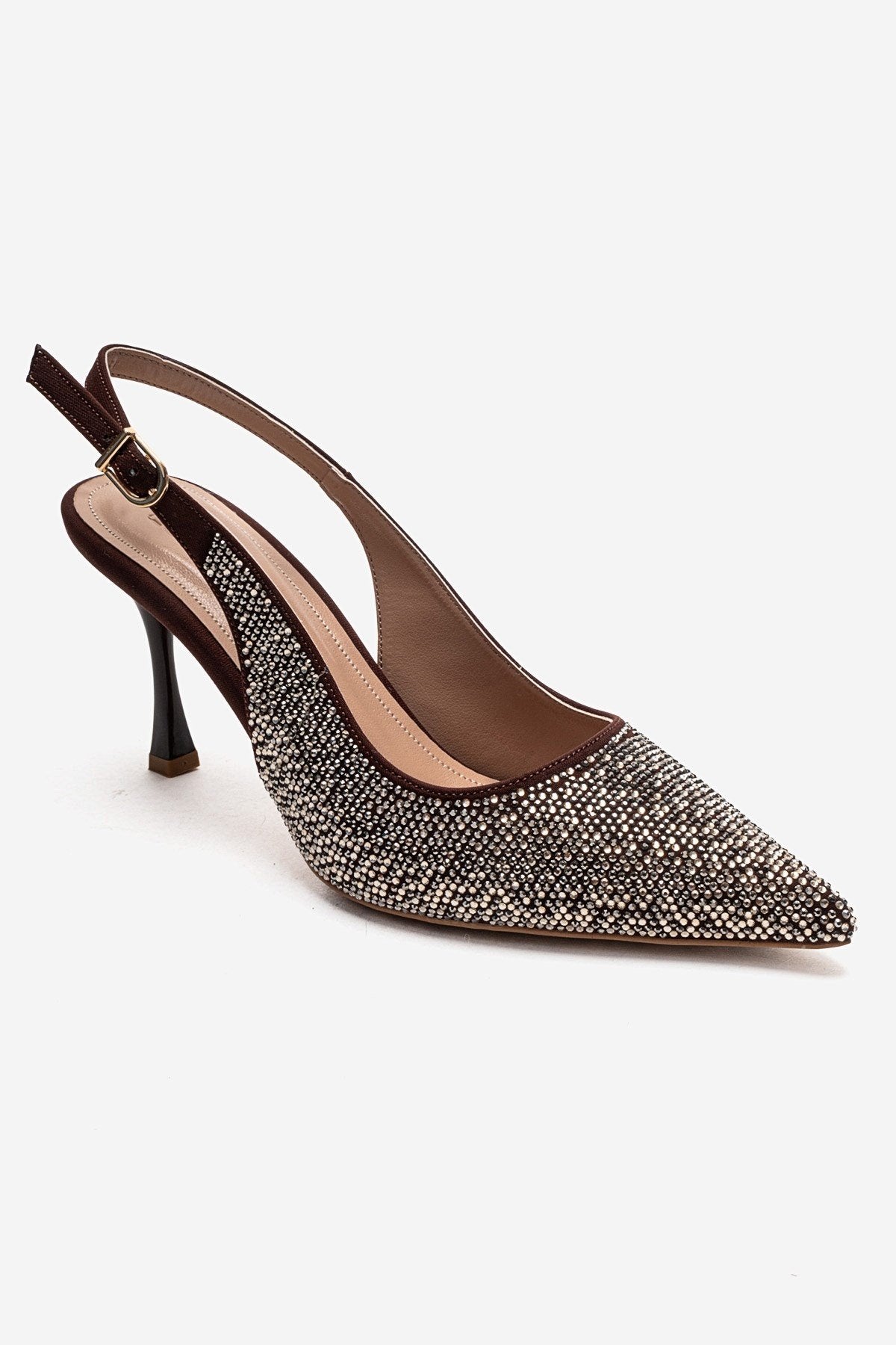 JOHANNA - Brown Gold-Embellished Slingback Stiletto Pump – detail view showing leather, gold, Vowalisse