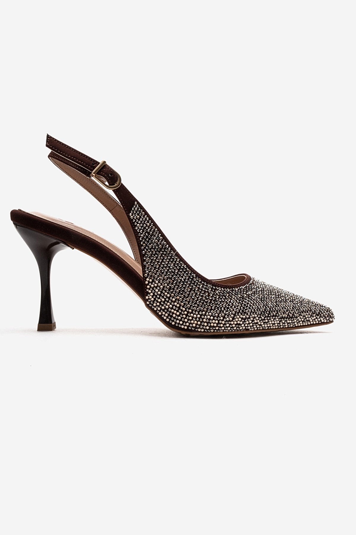 JOHANNA - Brown Gold-Embellished Slingback Stiletto Pump – heel view showing leather, gold, Vowalisse